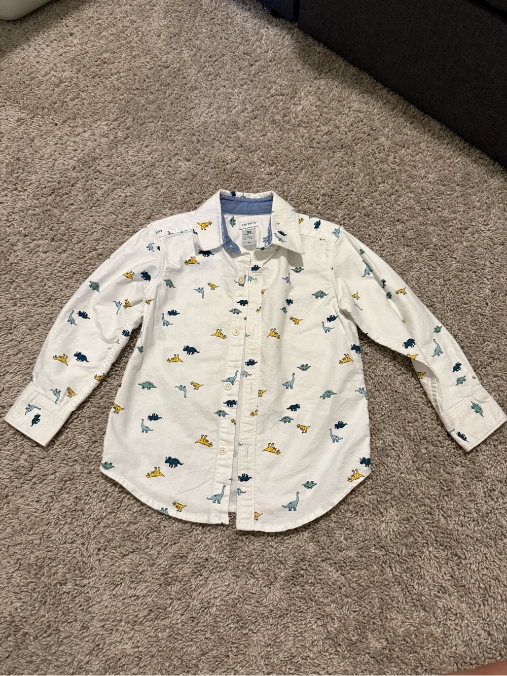 Carter's White Button-Down Shirt with Blue, Teal & Yellow Dino Print